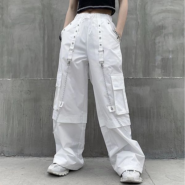 

mall goth white cargo pants women gothic harajuku hippie streetwear chain punk loose pants baggy oversize korean style, Black;white