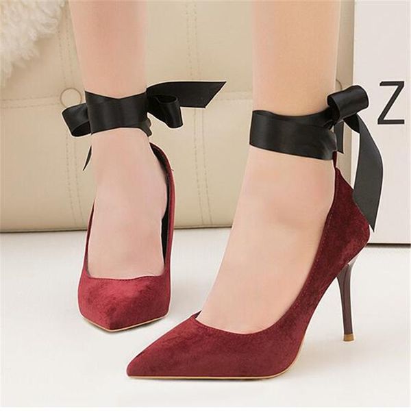 

dress shoes 2021 luxury fashion brand women high heels pumps stiletto pointed toe party ankle strappy ladies wedding shoe, Black