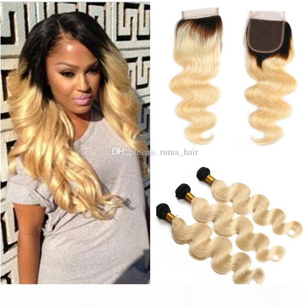 

dark root blonde human hair weaves with lace closure 613 human hair extensions with lace closure human virgin hair with lace closure, Black;brown