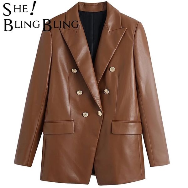 

sheblingbling za woman casual traf coats ol autumn chic buttons long blazers female brown faux pu leather jackets 211215, Black