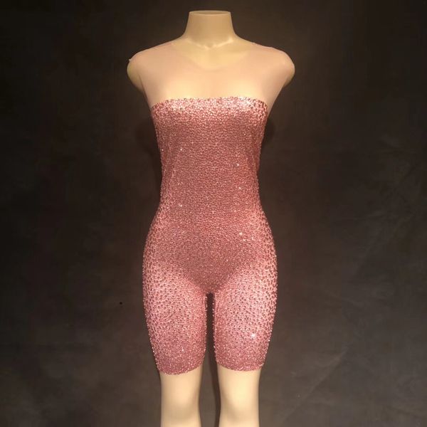 

silver pink full crystals mesh bodysuit sleeveless bodycon stage dance costume birthday celebrate party rompers jumpsuit, Black;red