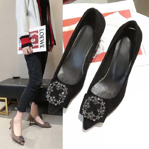 

dress shoes 2021 korean version of the suede pointed rhinestone buckle shallow mouth high heels wild temperament black heels.