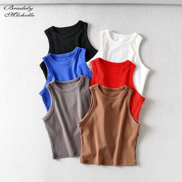 

bradely michelle summer women's party cotton crop elastic solid sleeveless o-neck short tank bar 210308, Black