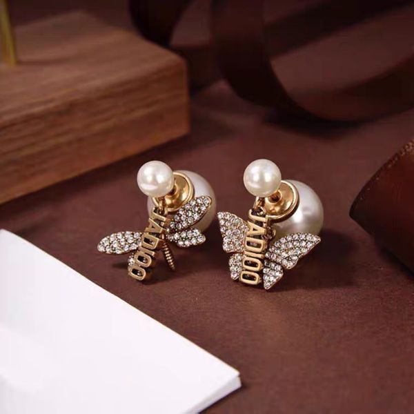 

70% off luxury jewelry dijia butterfly dragonfly asymmetric pearl letter earrings dual purpose wearing earrings female 925 silver needle, Golden;silver