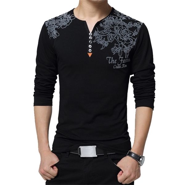 T-shirt da uomo con stampa floreale moda autunno Bottone colletto Henry Decora manica lunga per top Plus Size 5XL 220309