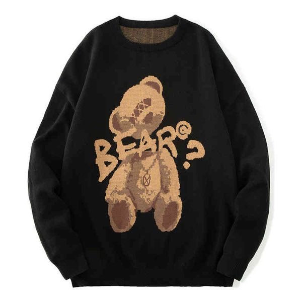 

cartoon bear sweater men autumn cotton letter pullovers fashion street daily ins harajuku preppy loose knit casual male sweaters, White;black