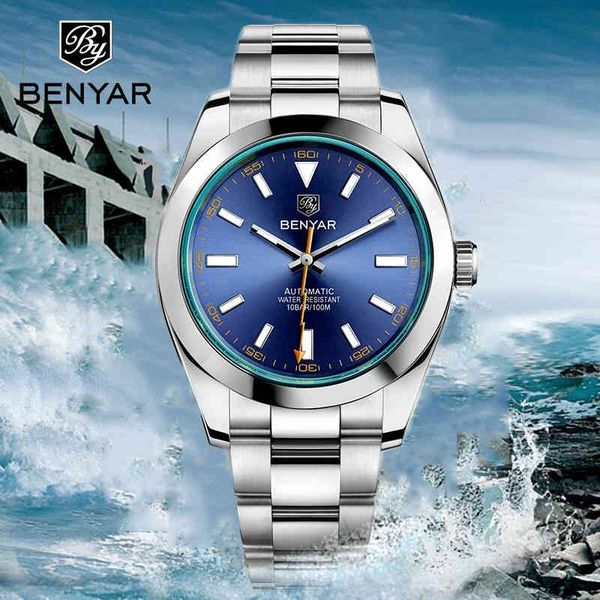 

new benyar luxury mark men military sports watches gentlemen mechanical clock 316l steel 50m waterproof date reloj hombre, Slivery;brown