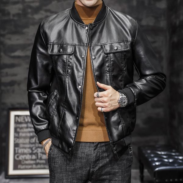 

2021 new autumn leather baseball collar plutonium motorcycle of men clothes pockets fine decoration black jacket 4xl p84g