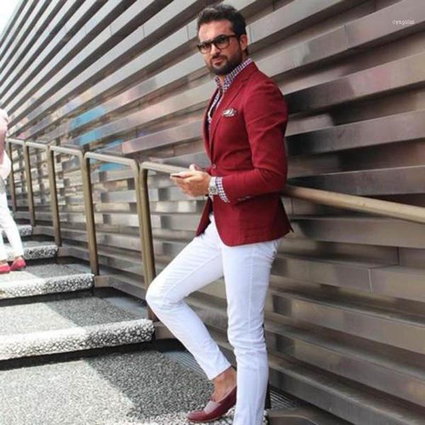 

men's casual burgundy suits with white pants groom wedding party 2021 tuxedo custom suit prom man men blazer1, White;black