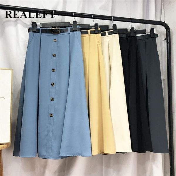 

realeft umbrella women's skirts with belted high waist vintage single breasted chic female mi-long skirts spring summer 210724, Black