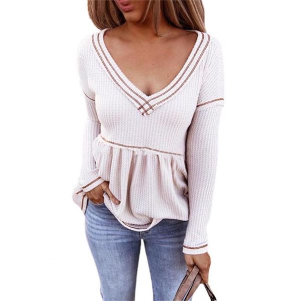 

women's blouses & shirts blouse women deep v neck loose long sleeve large hem stripes pullover top, White