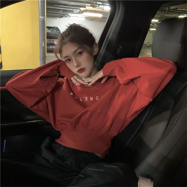 

2021 new letter print loose drop shoulder long sleeve autumn fashion short sweatshirt women h1sj, Black
