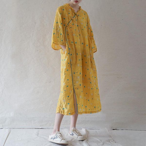 

casual dresses qpfjqd ladies chinese style ramie yellow v-neck 2021 summer autumn women print floral a-line female cheongsam, Black;gray