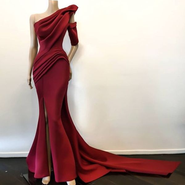 

new arrival elegant dark red evening dresses satin ruched split one shoulder evening gowns formal dress prom gowns robes, Black