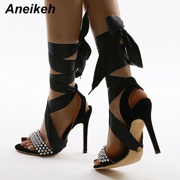 

sandals aneikeh summer rivet women shoes ankle strap microfiber rome cross-tied thin heels lace-up party round toe, Black
