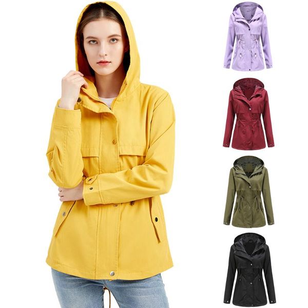 

women's trench coats 2021 spring autumn women long coat pocket zipper hooded slim female outwear fashion windbreaker jacket, Tan;black
