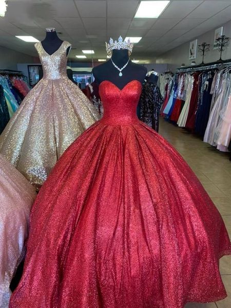 Kleider funkelndes rotes Quinceanera Pailletten Schatz Ausschnitt bodenlange maßgeschneiderte Prinzessin Prom Ballkleid süße Geburtstagsfeier Kleidung