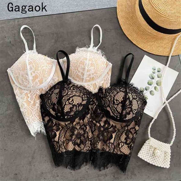 

crop women spring autumn solid short lace club slim navel camis korean fashion chic wild camisole 210531, White