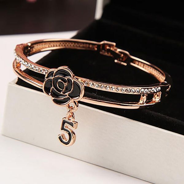 

bangle korean black enamel camellia for women shine crystal 5 letter bangles bracelet fashion brand wedding jewelry z093, Golden;silver