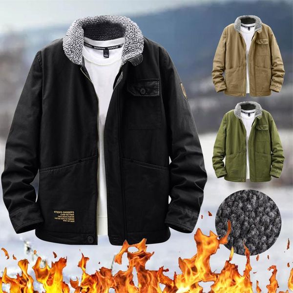 

men's jackets winter solid color turndown collar long sleeved zipper plus velvet jacket lapel sleeve fleece coat, Black;brown