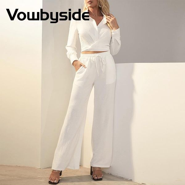 

women's two piece pants button design & wide leg drawstring set, White