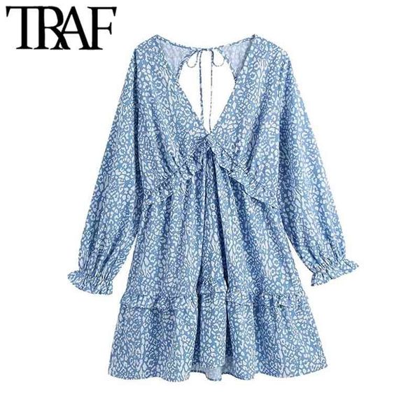 

traf women chic fashion animal print ruffle mini dress vintage backless bow tied side zipper female dresses vestidos 210623, Black;gray