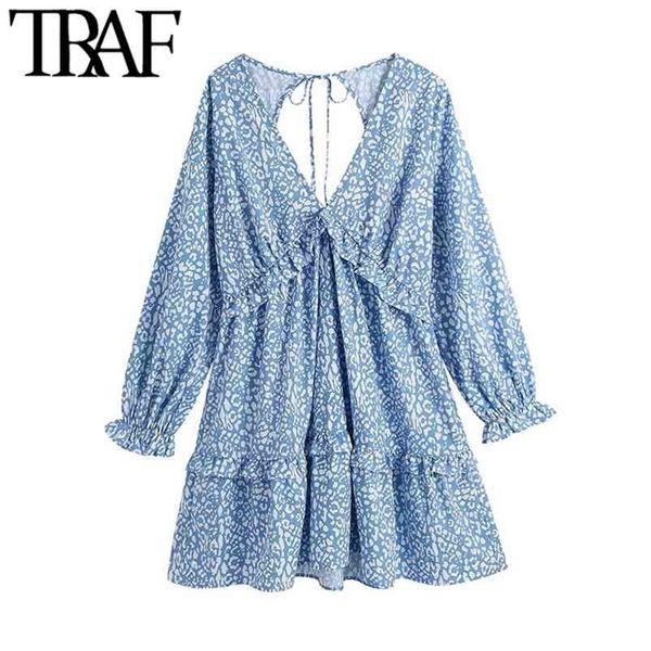 TRAF Mulheres Chique Moda Animal Impressão Ruffle Mini Vestido Vintage Backless Bow amarrado Zipper Dresses Vestidos 210623