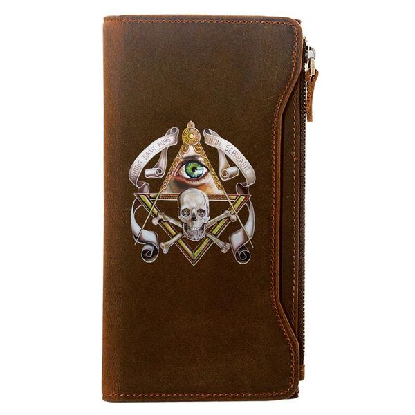 

wallets classic masonic skull design genuine leather wallet men long purse with phone bag zipper card holder clutch gift, Red;black