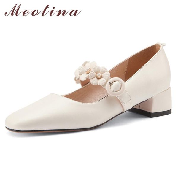 

meotina women shoes flower real leather mid heel mary janes pumps square toe block heels pearl buckle shoes lady dress footwear, Black