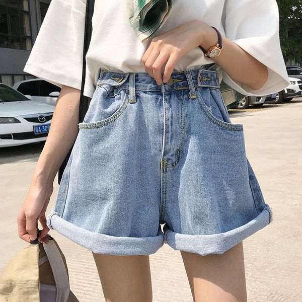 

2021 new summer women high waist blue denim vintage female wide leg solid color loose jeans shorts r9oy, White;black