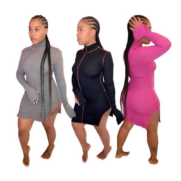 

casual dresses women side split striped spliced dress fashion high necked long flare sleeve skinny streetwear female autumn, Black;gray