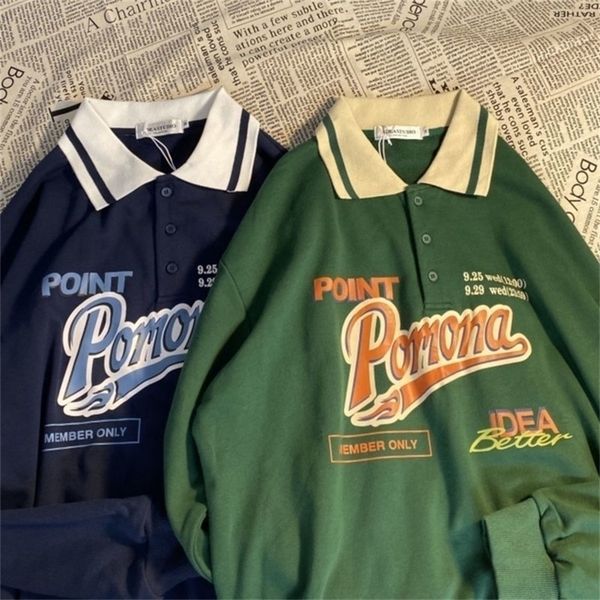 

vintage women sweatshirt autumn korean polo collar letter print long sleeve loose oversized harajuku hoodies pullover lj201130, Black