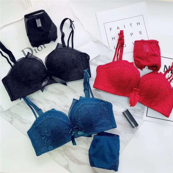 

bras sets 8812 bunny girl fashion lace half cup comfortable rimless three row button gathered bra suit, Red;black