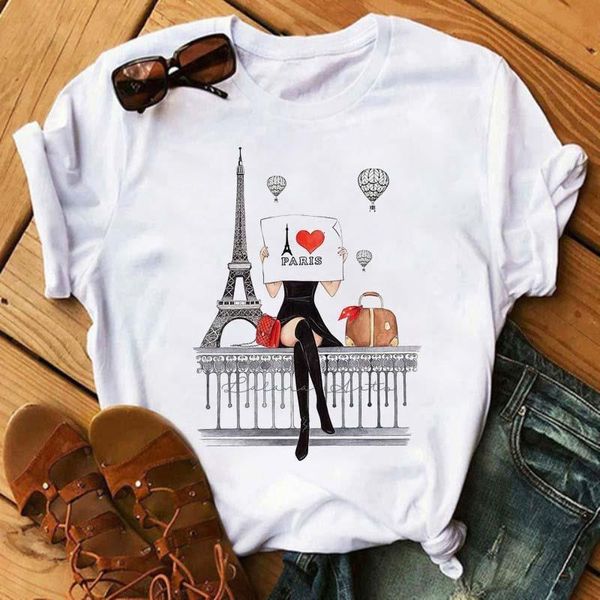 

i love paris print t shirt women summer paris eiffel tower t-shirt fashion casual short sleeve plus size tee vogue shirts, White