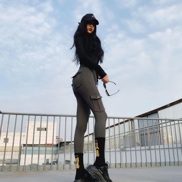 

yoga outfit stylish pants women's double pocket fitness high waist repair height elastic fast dry outer wear leggings