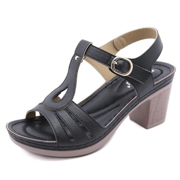 

2021 new european american sandals women's metal buckle stitching sandals thick high heel comfortable large size42, Black