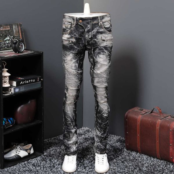 

spring summer autumn black jeans men's nostalgic straight slim trend motorcycle pants, Blue
