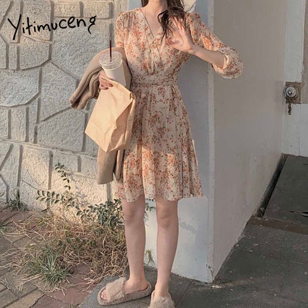 

yitimuceng floral print dresses for women high waist yellow sundress spring summer korean fashion chiffon boho dress 210601, Black;gray