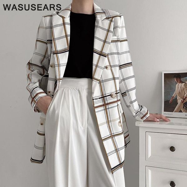 

women's suits & blazers spring autumn thin coat casual women plaid blazer double breasted suit jacket for korean fashion, White;black