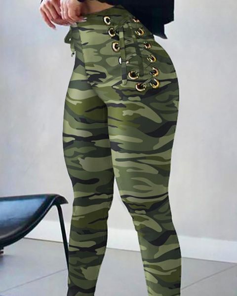 

women's pants & capris women casual high waist camouflage pencil 2021 spring autumn fashion eyelet lace-up tied detail skinny, Black;white