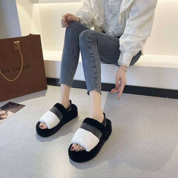 

slippers 2021 women fur sandale fluffy soft furryy thick flats heel non slip slidess house shoes ladies indoor footwear, Black