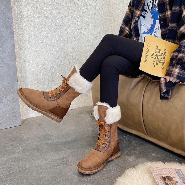 

boots winter women snow lace up ladies flat cotton shoes keep warm plush cross strap platform round toe female mid calf, Black