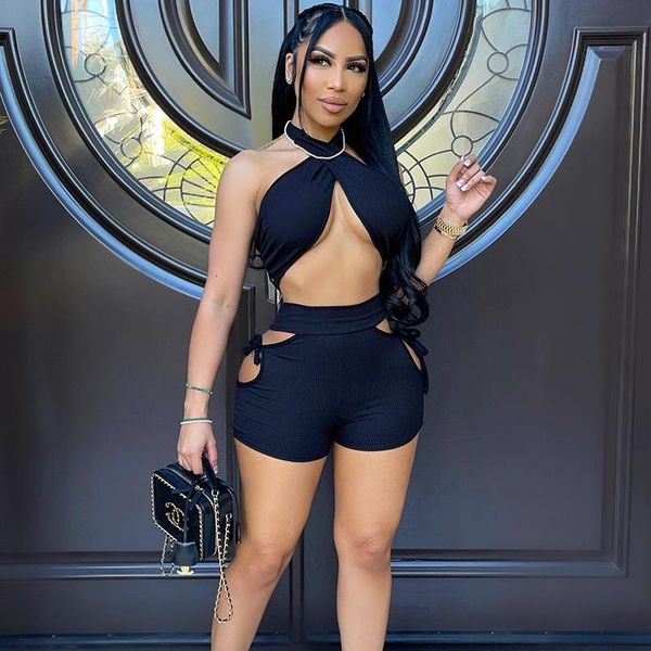 

women's tracksuits dsmtrc 2021 two piece outfits solid color ribbed knitted crop cutout shorts women matching sets clubwear, Gray