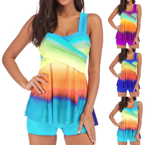 

women's swimwear swimsuit women 2021 summer set ladies gradient rainbow printing split fashion casual bikini suit micro, White;black