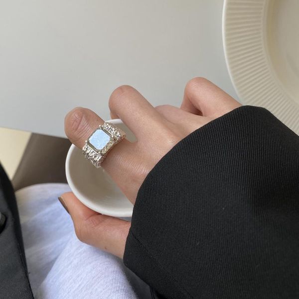 

cluster rings silvology 925 sterling silver square crystal texture for women thick fireworks lava statement fashion korea jewelry, Golden;silver