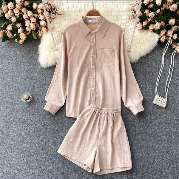 

women's tracksuits early autumn casual suit women wild loose long-sleeved shirt high-waist wide-leg shorts lazy two-piece kk1044, Gray