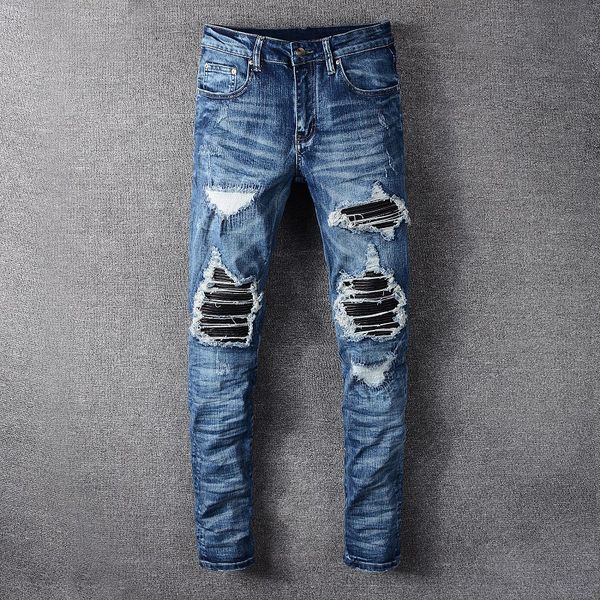

2021 new fashion streetwear brand designer destroyed ripped men denim punk pants elastic hip hop ny jeans c9m4, Blue