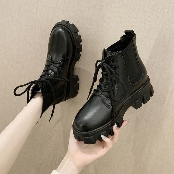 

boots round toe white ankle shoes luxury designer boots-women lace up low rock lolita fashion rubber high heel 2021 ladies, Black
