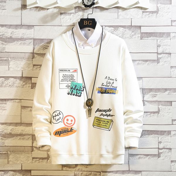 

2020 autumn new fashion loose men's pullover bottoming shirt personalized printed sweater, Black