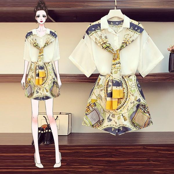 

women summer fashion print scarf bow shirt wide leg short set 2 piece outfits female vintage loose blouses short pant set, Gray